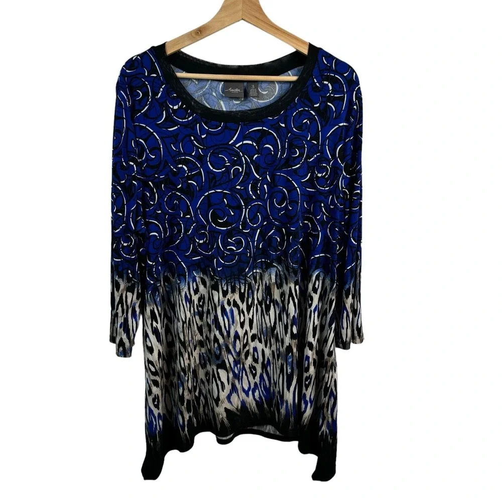 Travelers by chico's Sz 3 women's 3/4 sleeve popover tunic top scoop plaid Blue - Picture 1 of 3